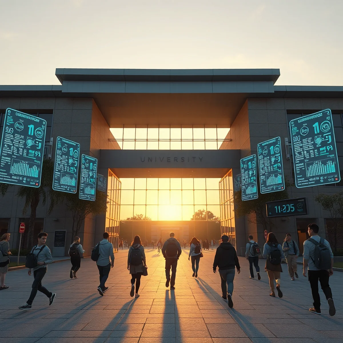 Wide shot of the entrance to a modern university campus at sunrise, students walking in with backpacks and laptops, digital information panels hovering in the air symbolizing a flow of data