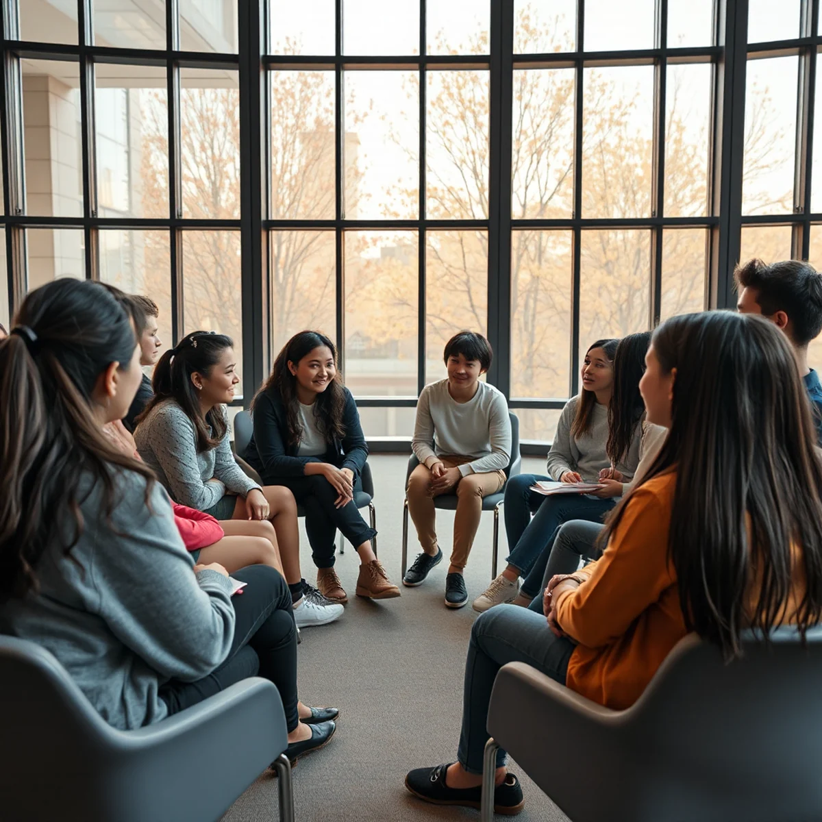 A group of high school students simulating university entrance interview scenes, sitting around a round table, listening attentively to each other and engaging in serious conversation.