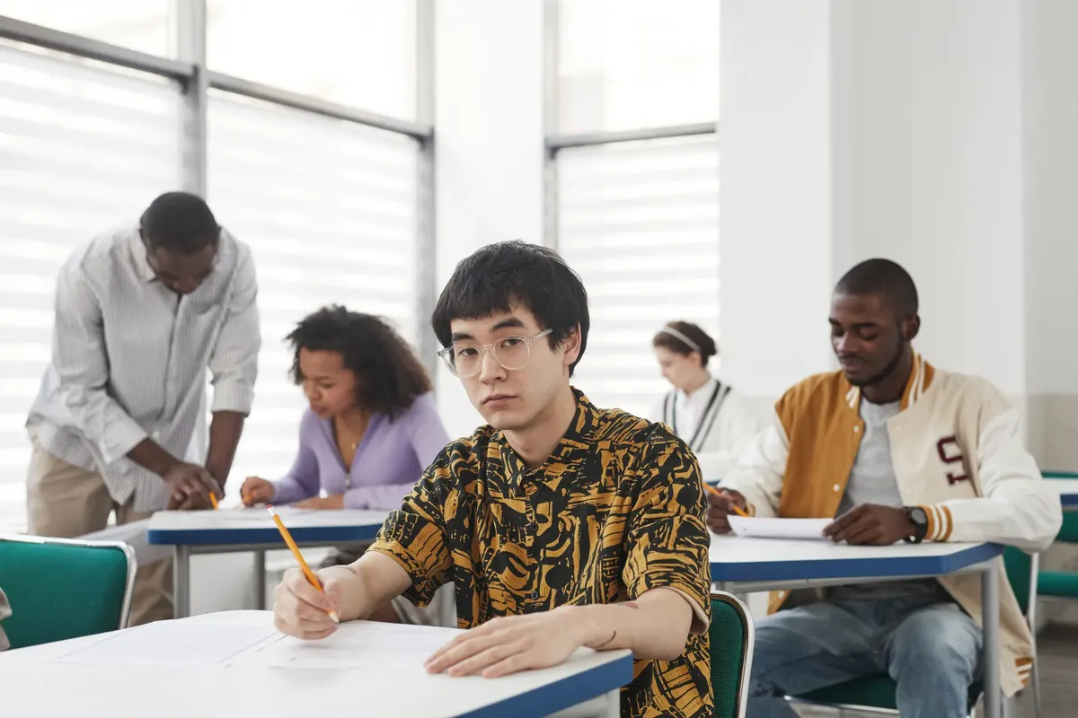 Group of diverse college students focused on an exam in a classroom setting.