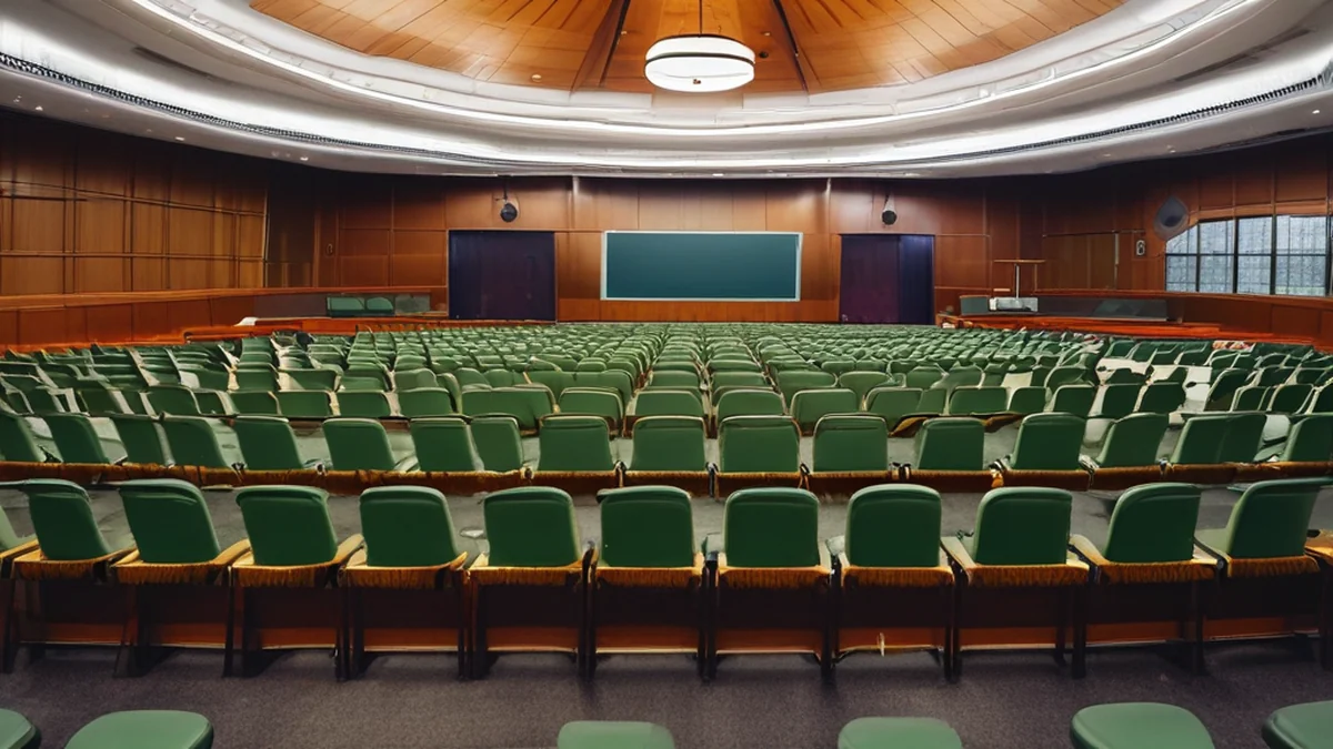 Seats arranged in rows in a parliamentary assembly hall.
