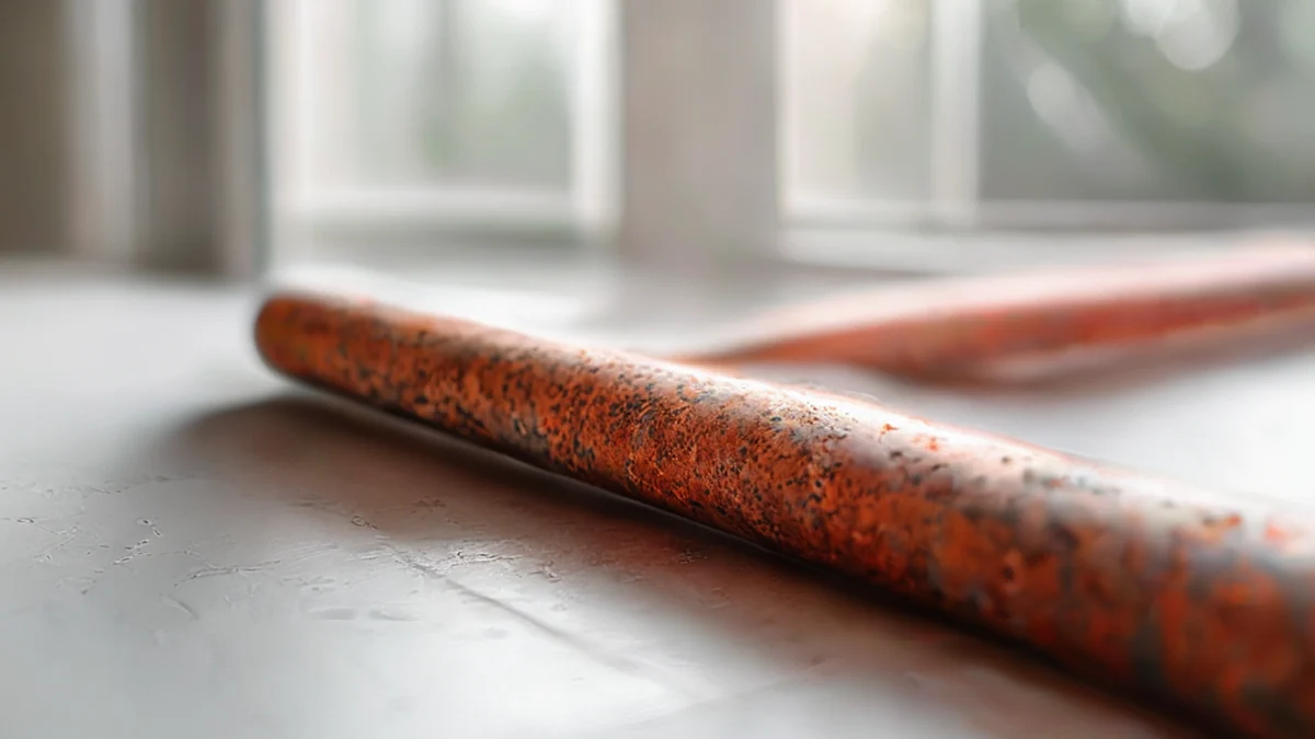 A single metal pipe, rust red, with a textured surface, lying on a white table, under soft window light, shallow depth of field, photorealistic, sharp focus, high detail