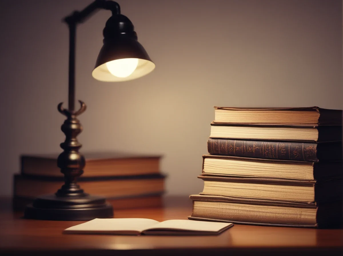Un tas de livres brochés alignés sur un bureau près d'une lampe.