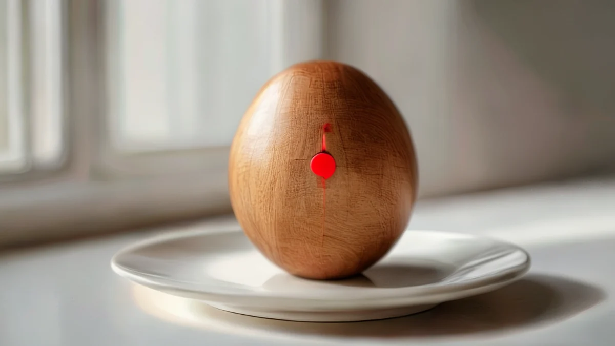 Orologio uovo in legno, collo stretto, granito naturale marrone, punto rosso, piattino ceramico bianco, luce soffusa, profondità di campo bassa, fotorealistico