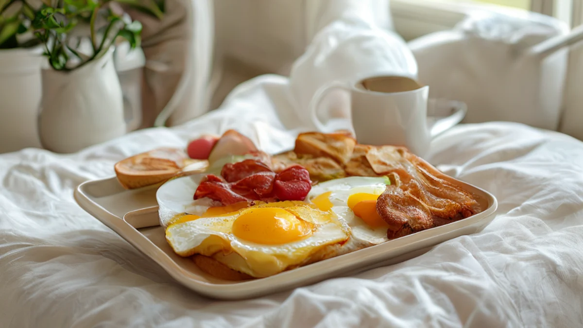 ホテルルームサービス朝食トラヤにパン、果物、コーヒーがあります。