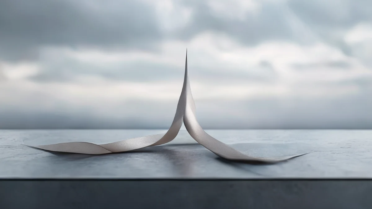 Een enkelvoudig, ribbongevormd spire, lang en smal, op een vlak stalen tafel onder overwolkte daglicht, met een gladde oppervlak en zacht boog, zachte diepte van veld, fotorealistisch, scherp focus, hoge details.