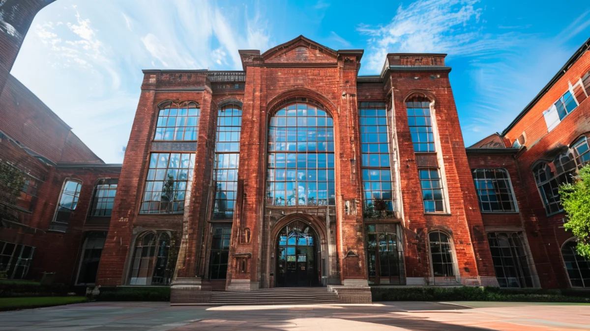 Traditioneel stenen gebouw, steenwal, rood dak, campusomgeving.