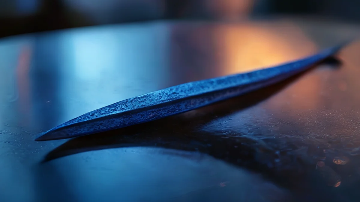 Kobalt-Stake, zentriert, tiefblau, scharfes Form, glattes Oberflächen, auf Glas-Tisch, warmes Seitenlicht, flaches Bildfeld, photorealistisch, scharfe Schärfe, hohe Details