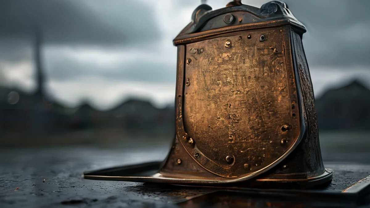 Dark brass shield over school bell, textured surface, metallic sheen, on steel tray under overcast light, shallow focus, photorealistic, high detail