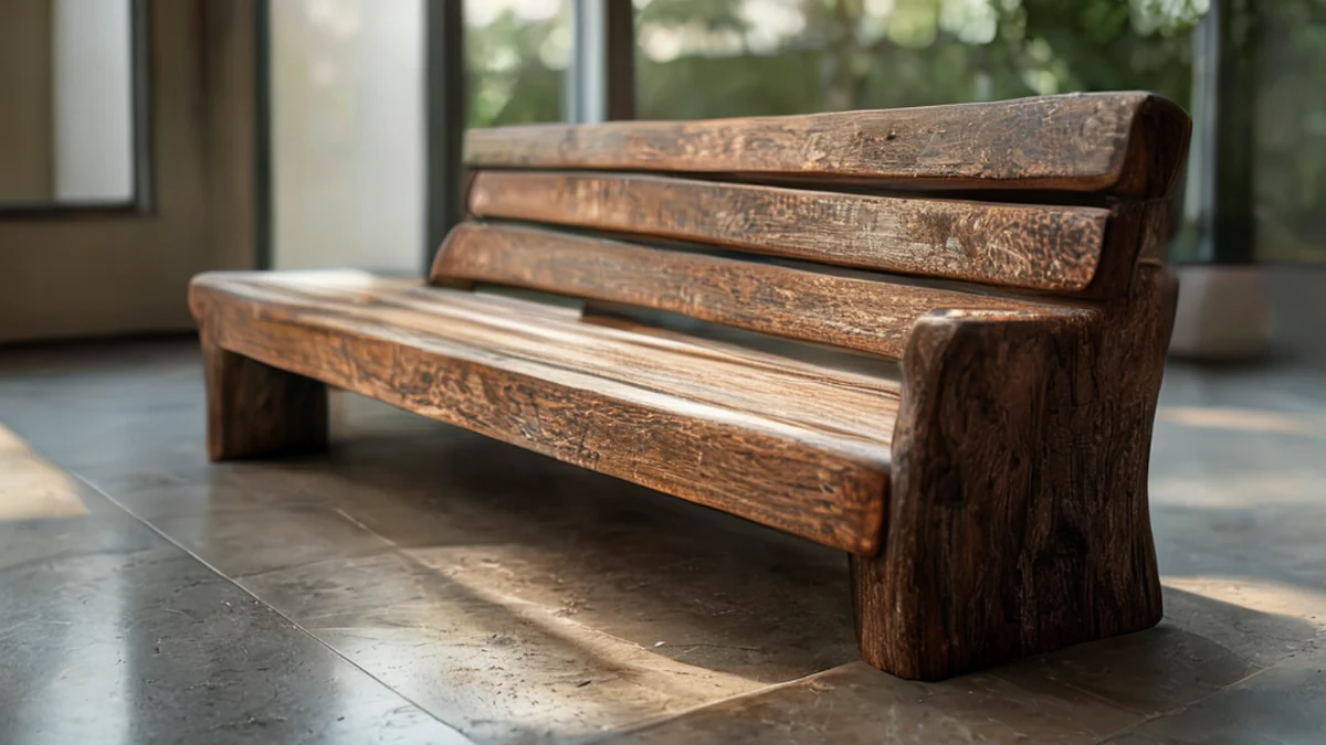 Un sillón de madera con almohaza y un portátil.